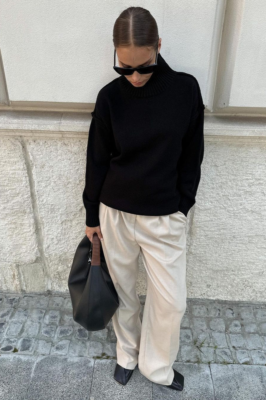 High Neck Patchwork Knit Sweater for Effortless Style