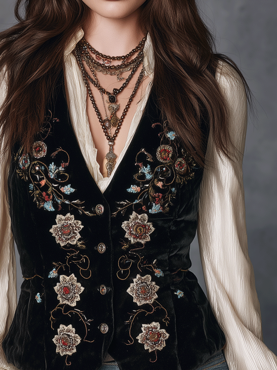 Bohemian Rose Embroidery Fitted Velvet Waistcoat - Fashionpara
