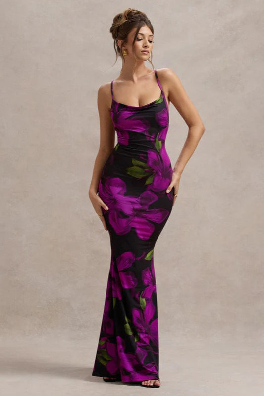 Floral Print Cowl-Neck Spaghetti Strap Bodycon Maxi Dress