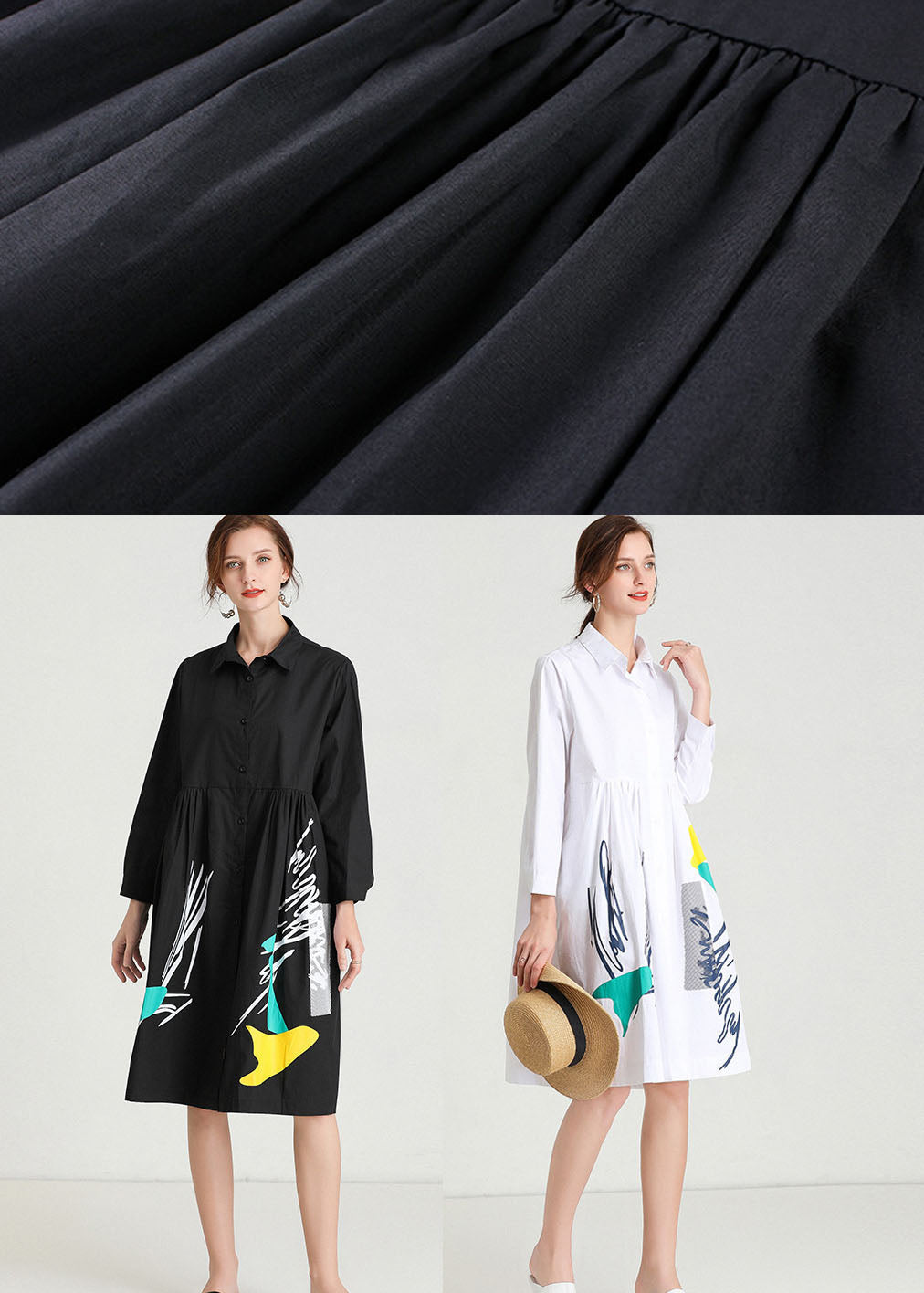 Color Block Graphic Print Collared Button Down Shirt Dress - View 5