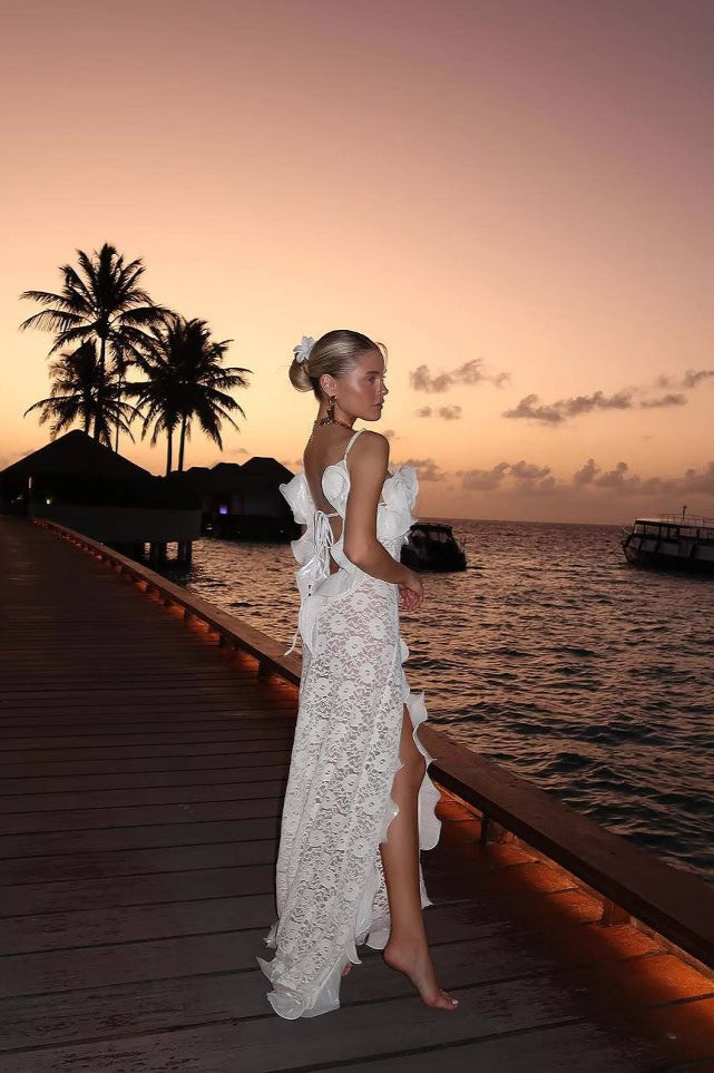 Sexy Lace Split V Neck Backless Ruffled Boho Dress - Fashionpara