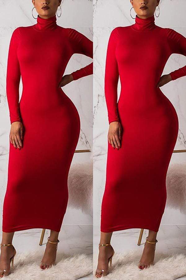 Fashion High Neck Long Sleeve Dress - Fashionpara
