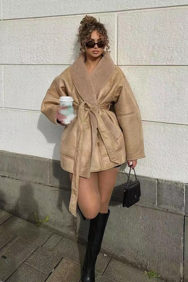 Faux Fur Collar Leather Coat - Fashionpara