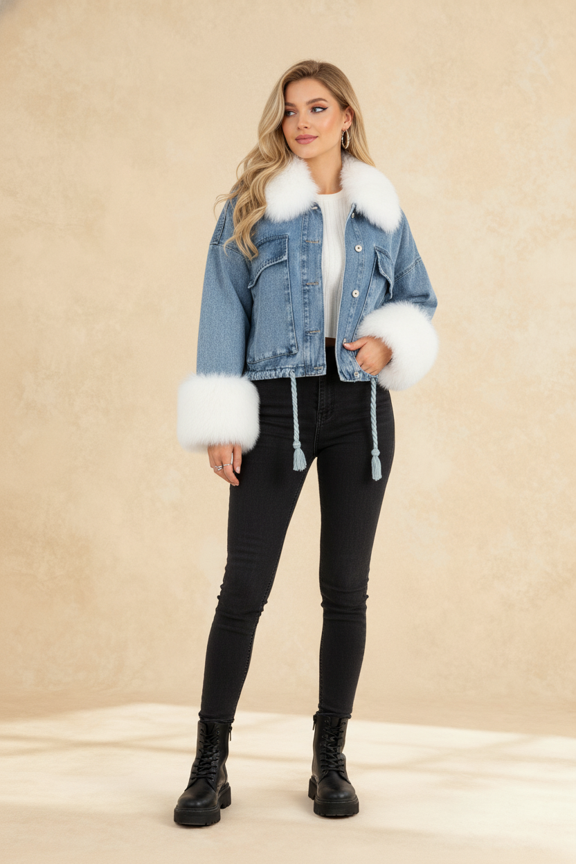 Autumn Winter Warm Faux Fur Short Denim Thicken Ladies Fashion Jackets