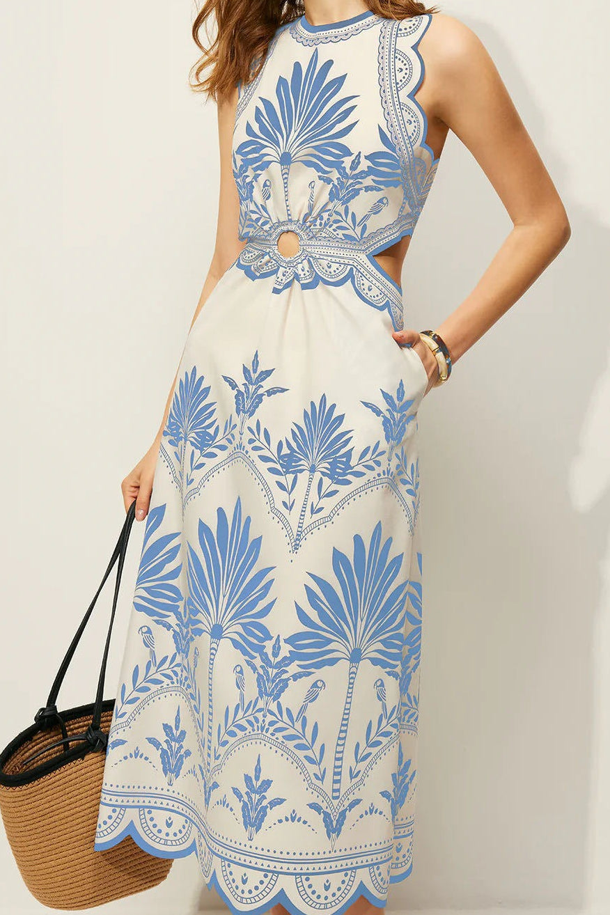 Palm Print Cut Out High Neck A-Line Midi Dress