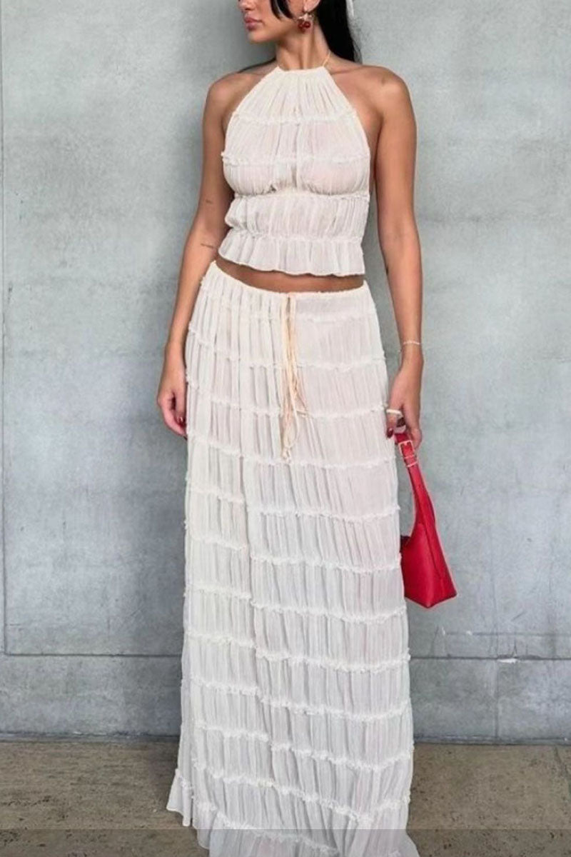 Versatility and Vintage Charm Pleated Drawstring Waist Tiered Maxi Skirt