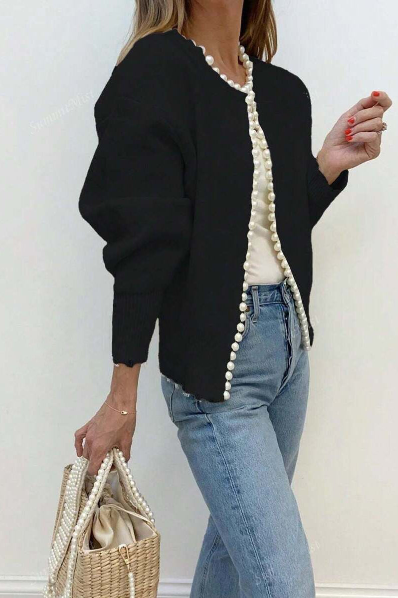 Pearl-Trimmed Heavy-Detail Knit Cardigan for Chic Elegance