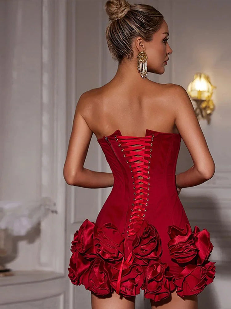 Red Fishbone Bandage 3D Flower Mini Party Dress