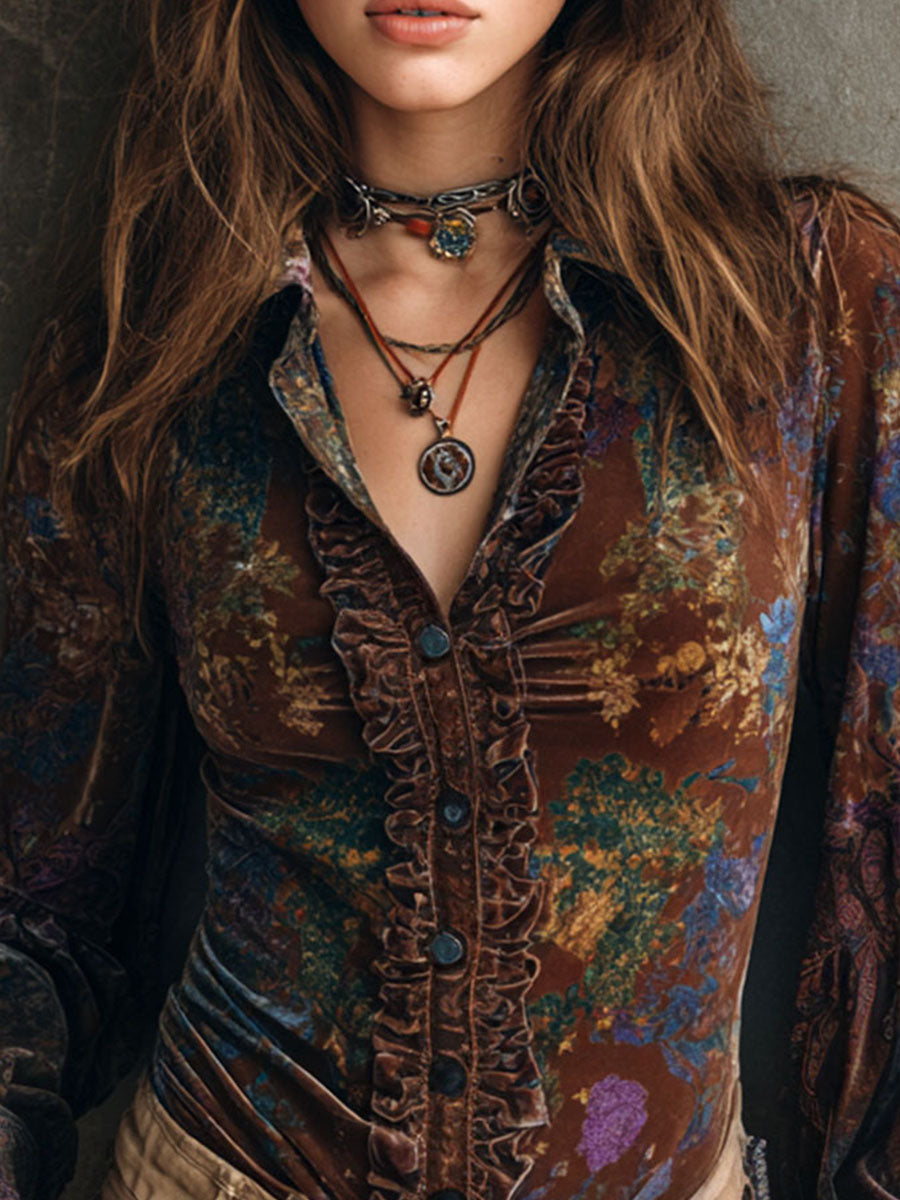 Chic Boho Floral Print Velvet Blouse With Ruffle Trim - Fashionpara