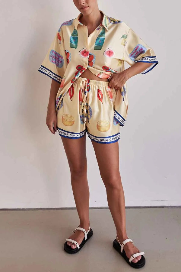 Unique Print Casual Lapel Cardigan Shorts Set - Fashionpara