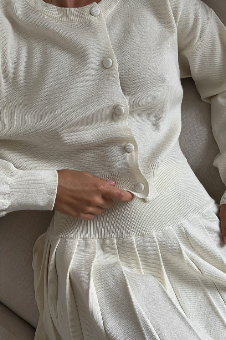 Ruffled Knit Cardigan and Mini Skirt Two-Piece Set