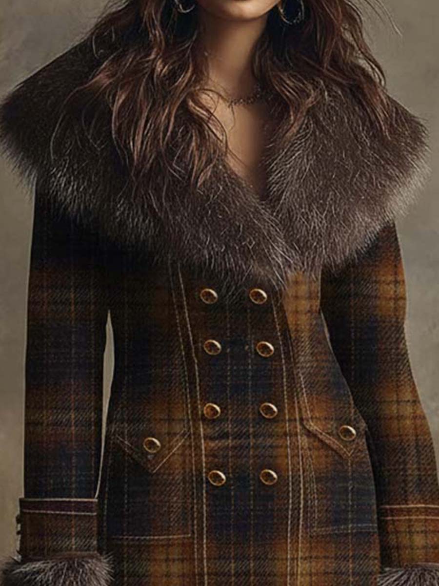 Vintage Plaid Wool-Blend Coat With Detachable Faux Fur Collar - Fashionpara