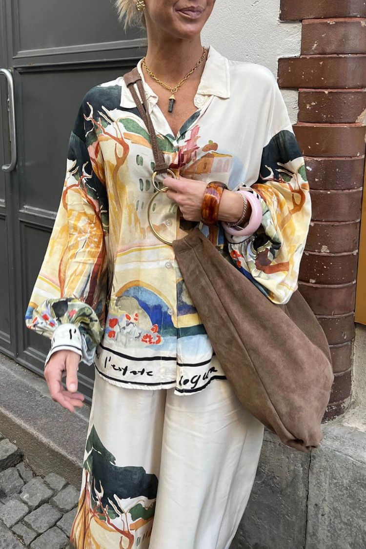 Ellison Unique Print Button Up Long Balloon Sleeve Loose Blouse - Fashionpara