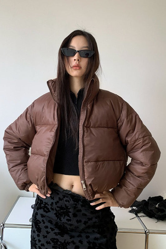 Brown Stand Collar Puffer Coat - Fashionpara