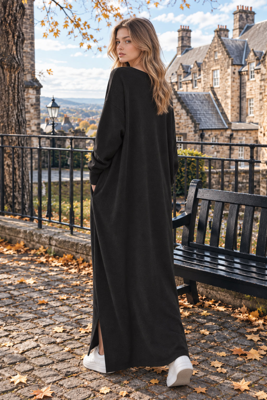 Knit V-Neck Long Sleeve Oversized Side-Slit Maxi Dress
