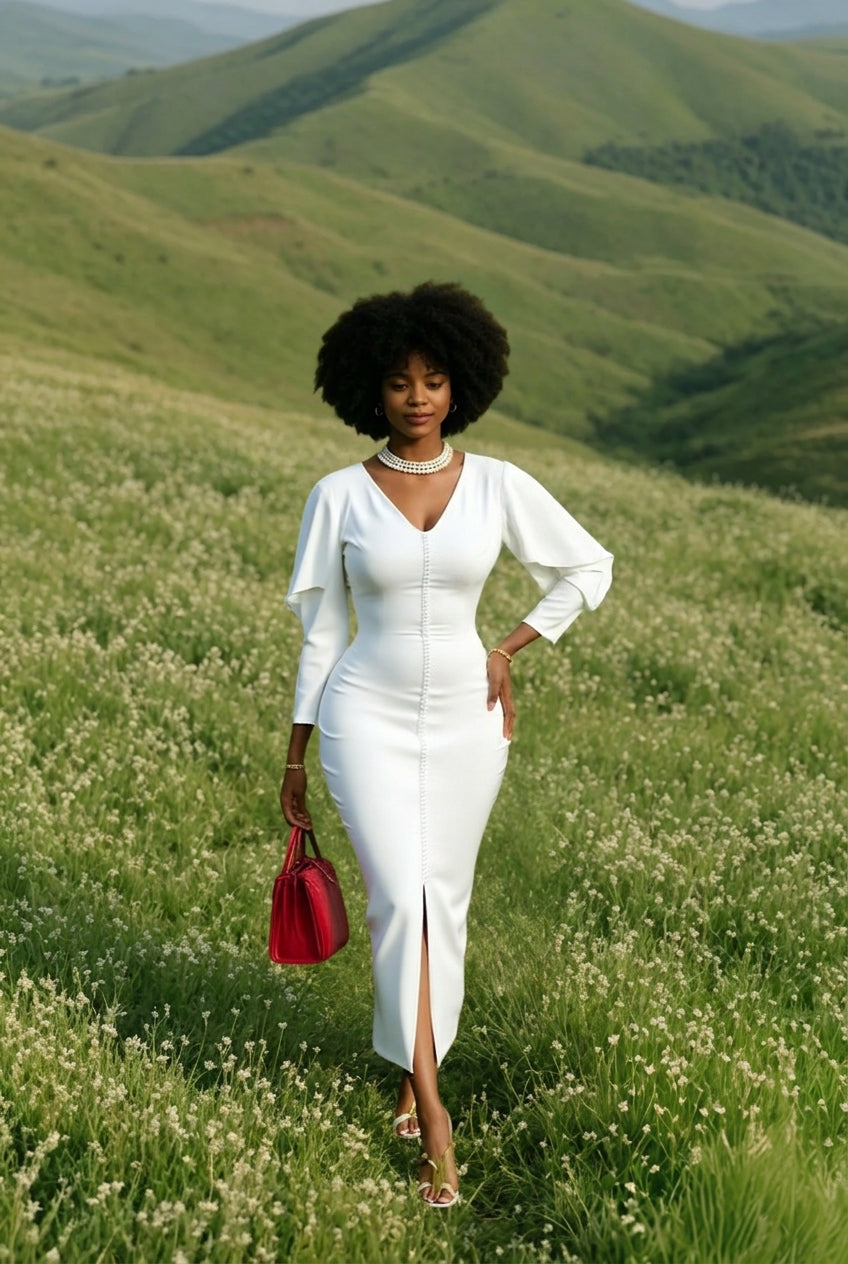 V-Neck Long Sleeve Button Front Front Split Bodycon Midi Dress 3