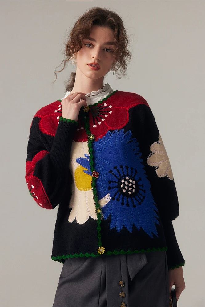 Vintage Floral Embroidered Knit Cardigan