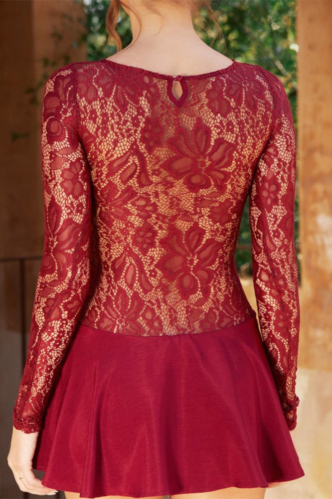 Floral Lace Long Sleeve Boat Neck Flared Mini Dress