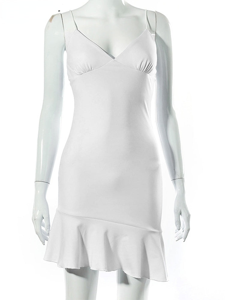 V-Neck Spaghetti Strap Ruched Ruffle Hem Bodycon Mini Dress 3