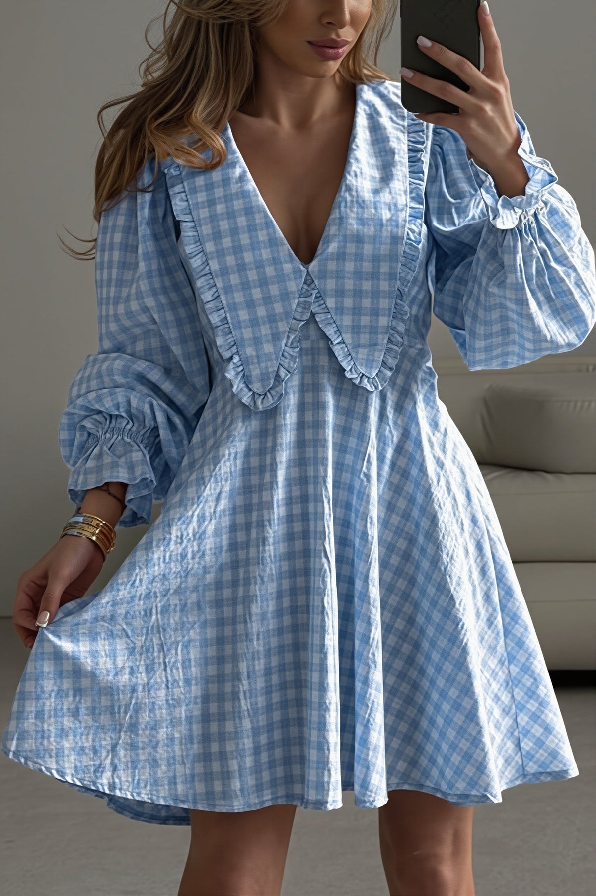 Gingham Oversized Collar Puff Sleeve Mini Dress 3