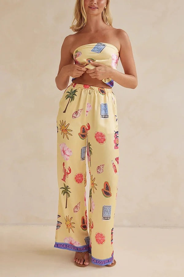 Linen Blend Unique Printed Bandeau Top and Elastic Waist Pocket Pants Set - Fashionpara