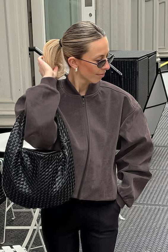 Gray Suede Knit V-Neck Jacket