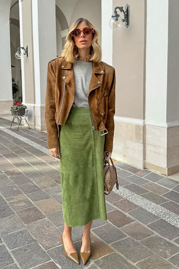 Vintage Suede High Waist Midi Pencil Skirt