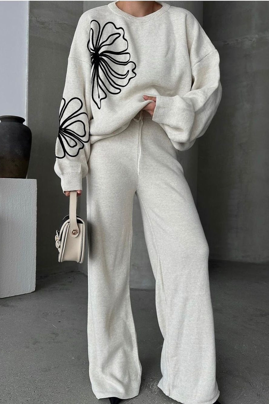 Casual Round Neck Knit Sweater and Pants Two-Piece Set