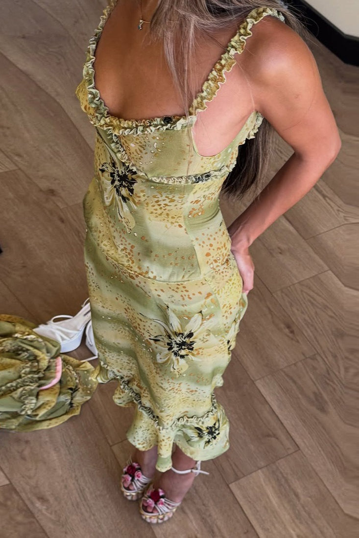 Floral Print Satin Ruffle Strap Midi Dress