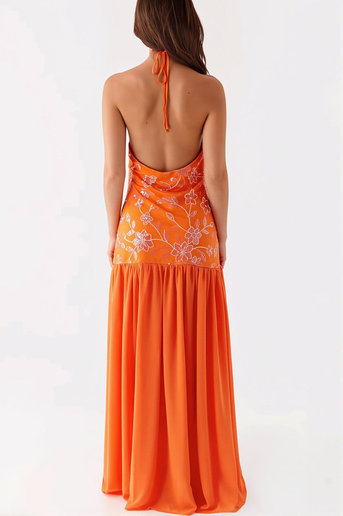 Floral Sequin Halter Neck Drop Waist Maxi Gown