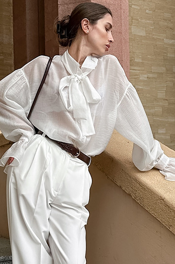 Tencel Sheer Tie Neck Blouse - Fashionpara