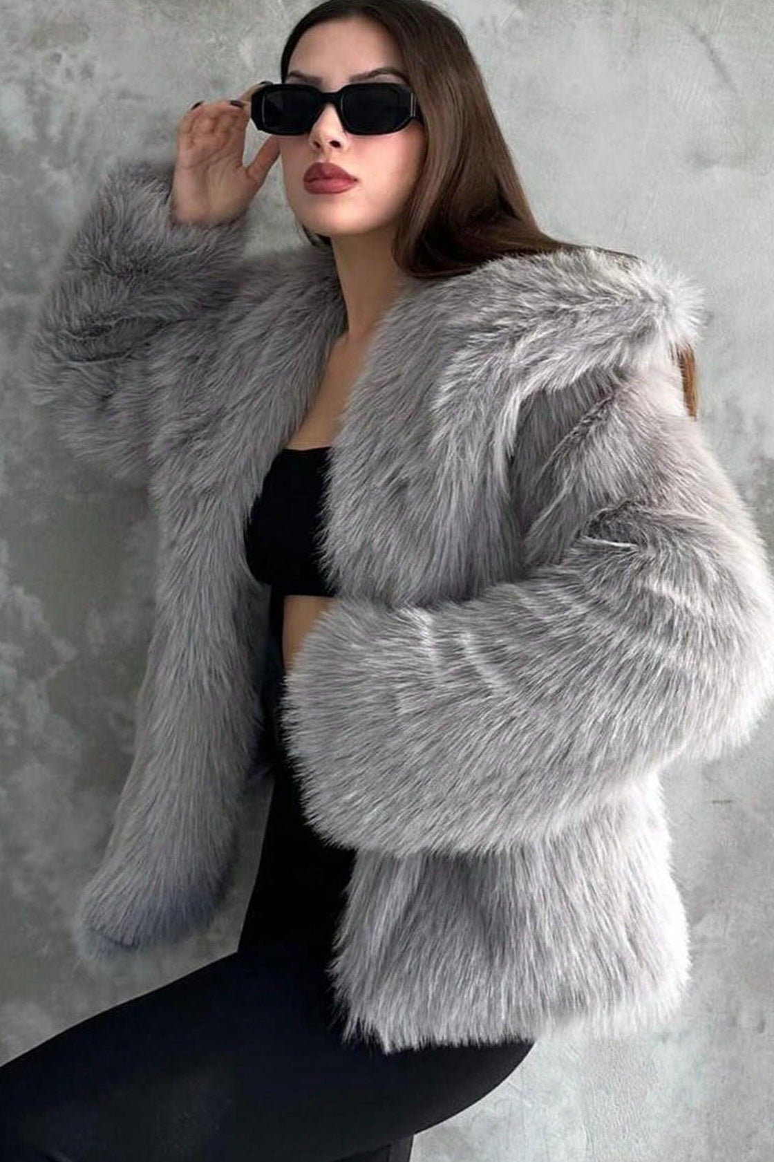 Plush Solid Color Faux Animal Fur Warm Notch Collar Coat