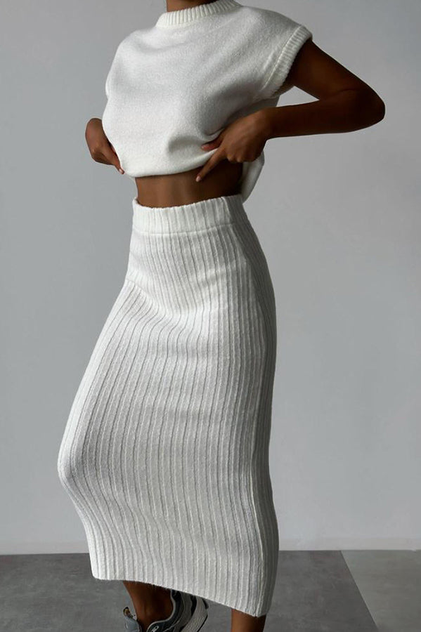 Triko Knit Short Sleeve Sweater with Ribbed Midi Skirt Set