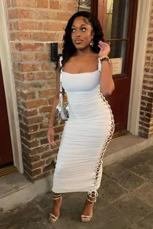 Hollow Side Lace-Up Ruched Slim Fit Party Dress