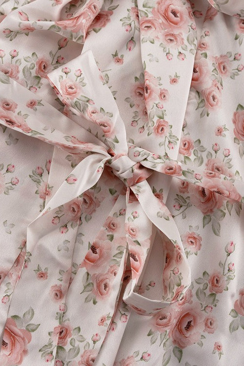 Rose Floral Satin Wide Sleeve Wrap Dress