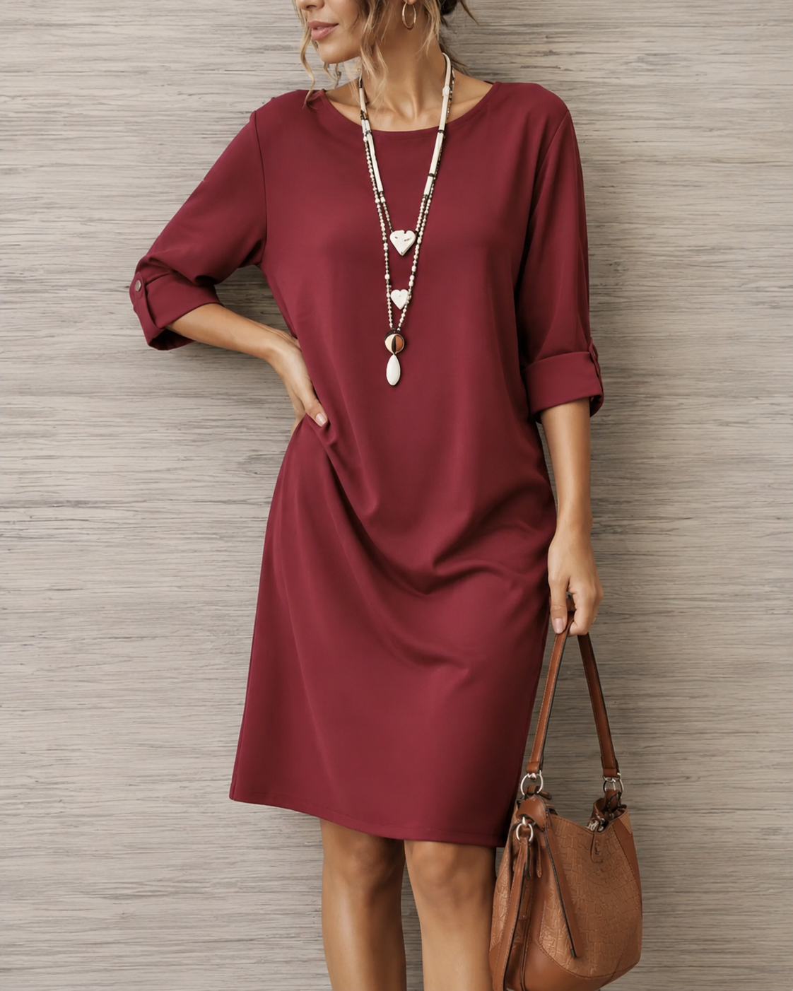 Round Neck Roll Tab Sleeve Pocket Shift Midi Dress 3