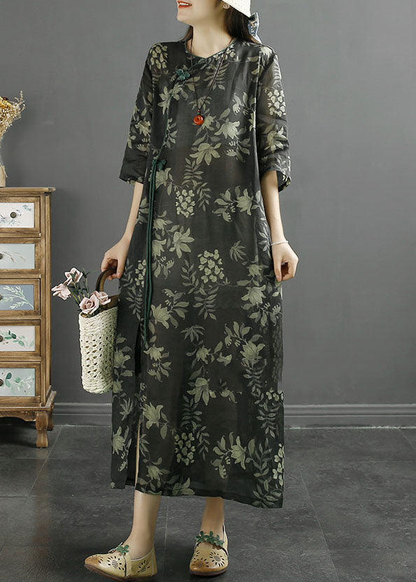 Botanical Print Frog Button Cheongsam Three Quarter Sleeve Maxi Dress - View 4