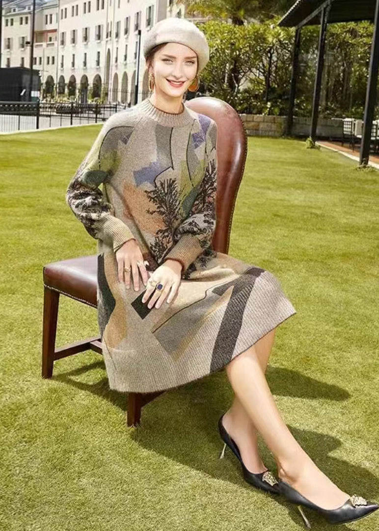 Jacquard Landscape Print Crew Neck Sweater Mini Dress - View 3