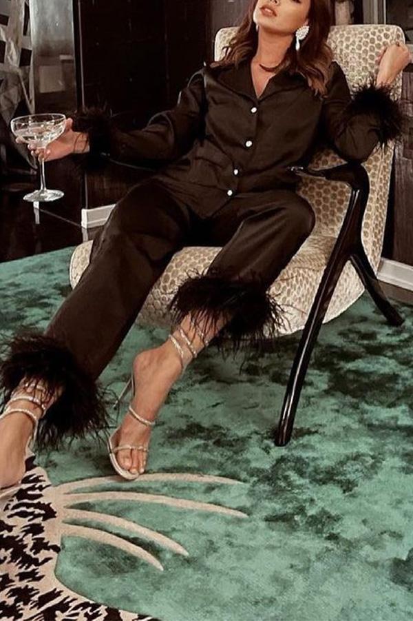 Solid Color Lapel Feather Trousers Two-piece Suit - Fashionpara