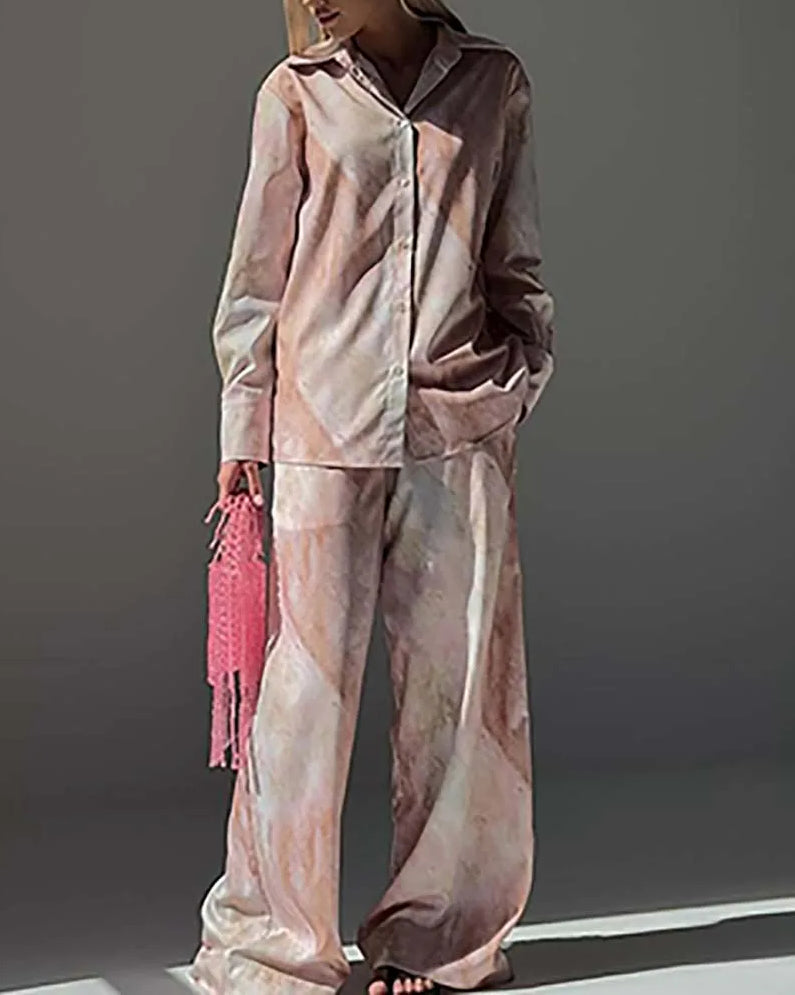 Pink Print Lapel Drawstring Trousers Office Two Piece Set