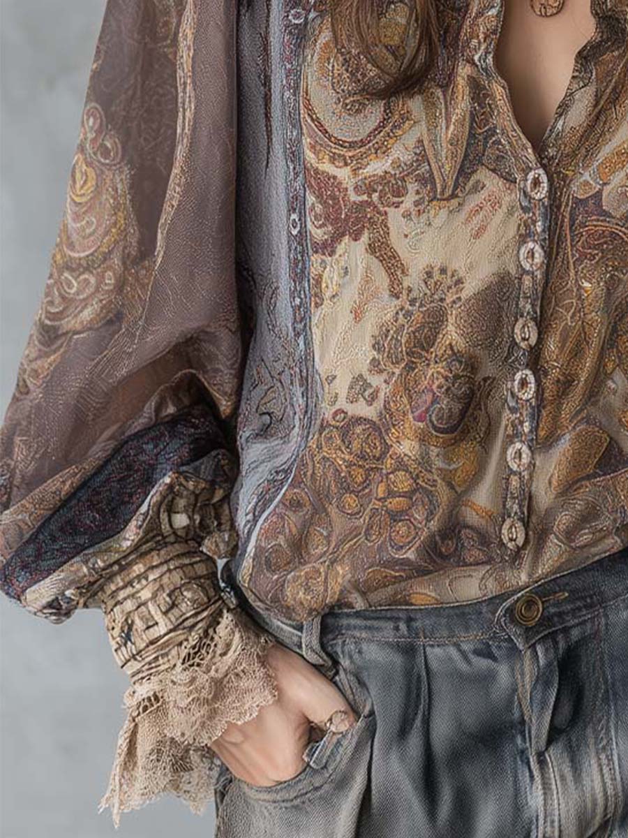Vintage Paisley Sheer Blouse With Lace Cuff Detailing - Fashionpara