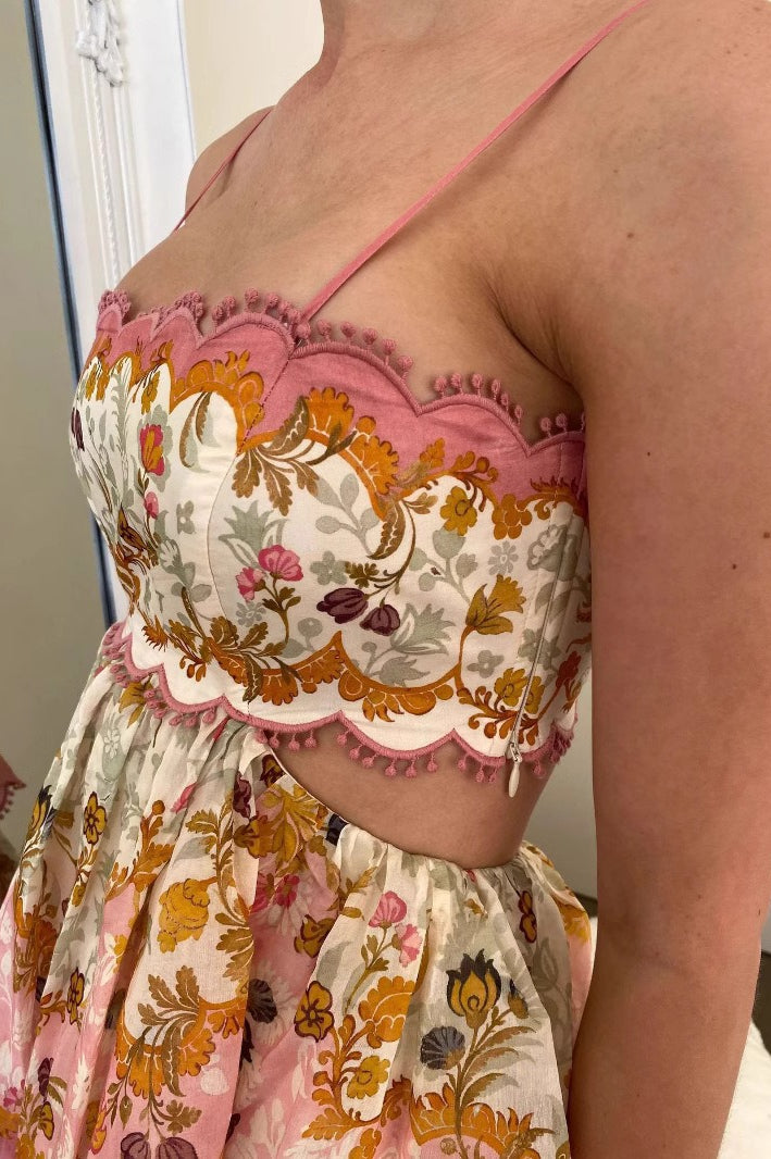 Floral Print Strappy Scalloped Tiered Maxi Dress