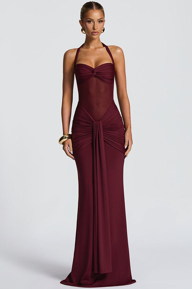 Halter Sweetheart Mesh-Cutout Ruched Mermaid Gown