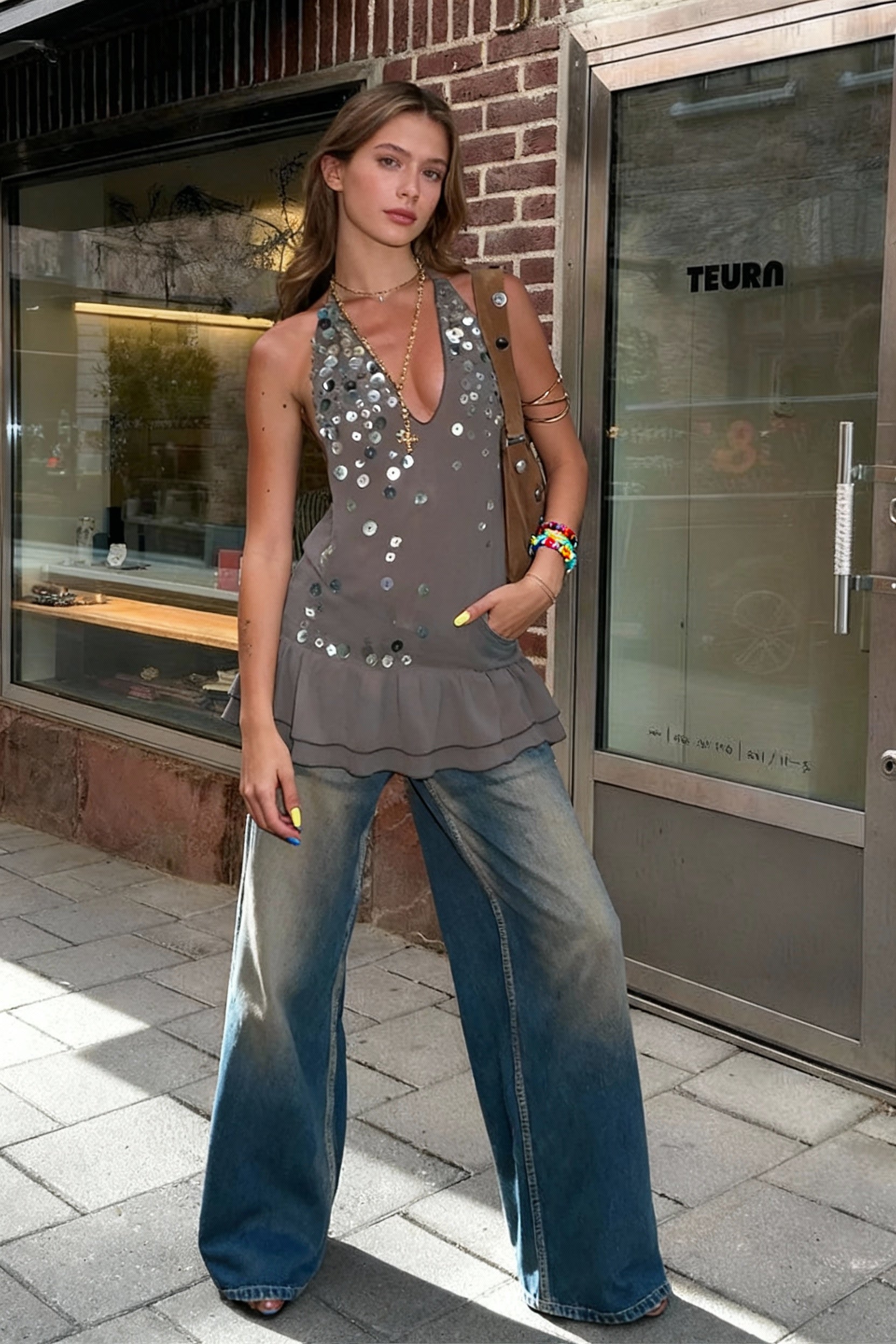 Sequin Lace-Up Ruffle A-Line Mini Dress