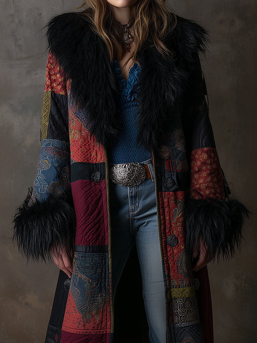 Detachable Fur Collar Vintage Print Quilted Midi Coat - Fashionpara