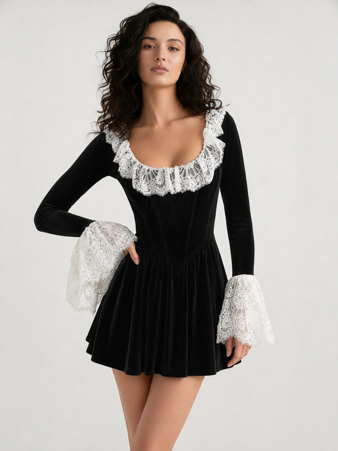 Velvet Scoop Neck Long Sleeve Lace Trim Fit & Flare Mini Dress