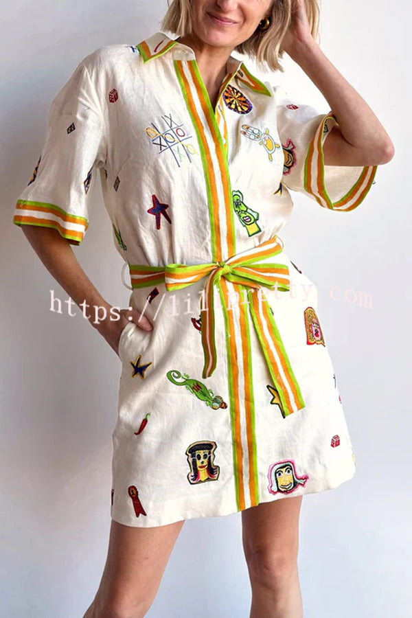 Britt Linen Blend Unique Printed Short Sleeved Pocket Tie Waist Mini Dress - Fashionpara