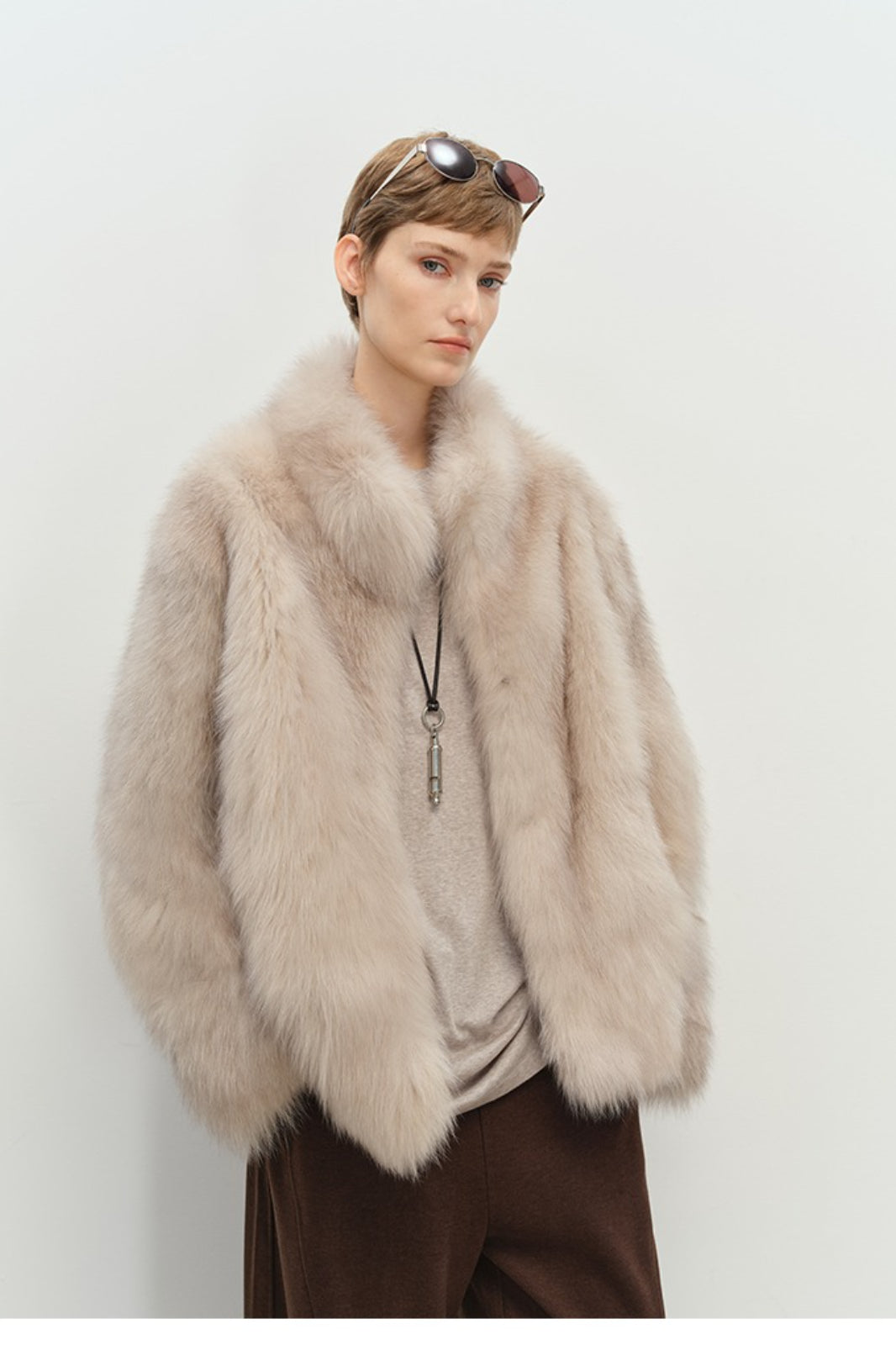 Minimalist Mid-Length Faux Fur Stand Collar Coat