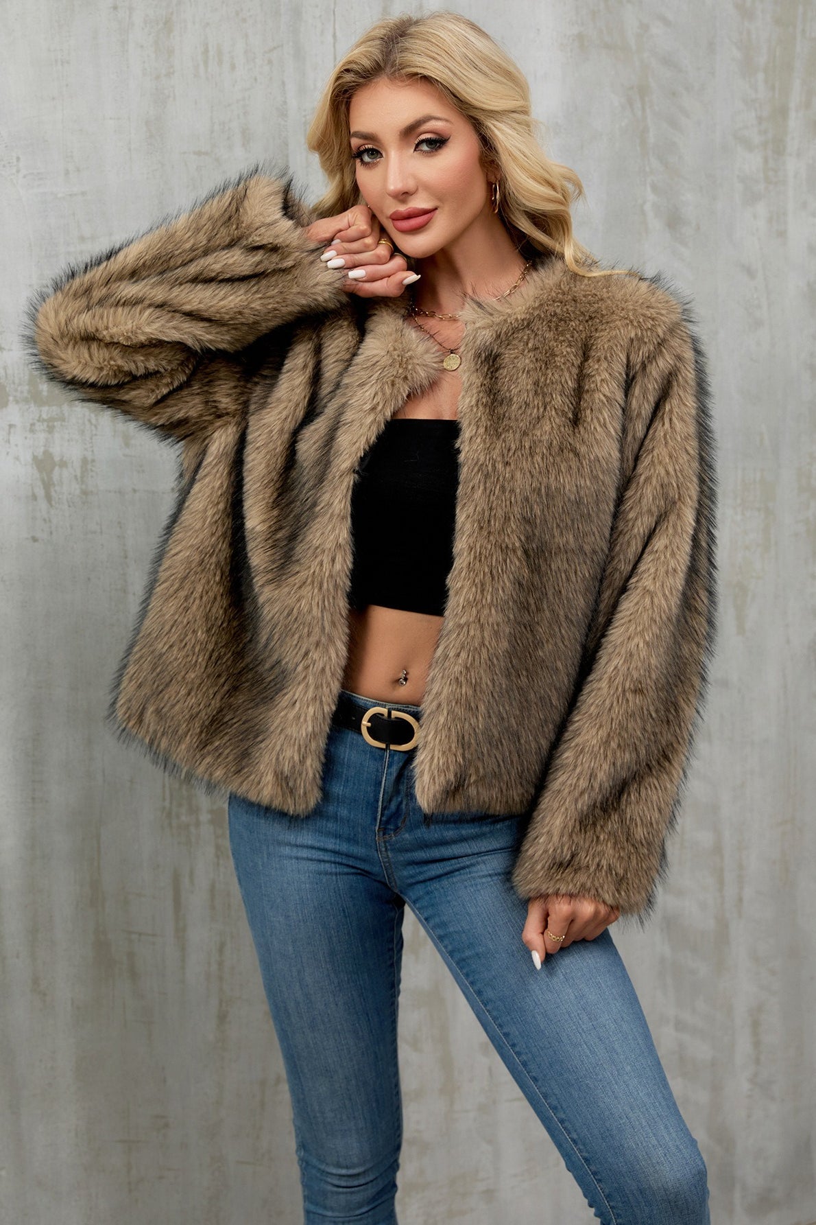 Cropped Faux Fur Zip Coat - Fashionpara