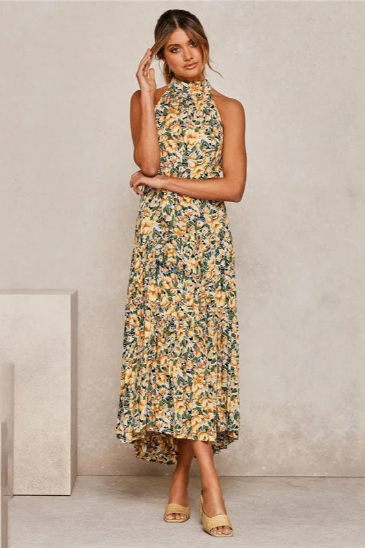 Summer Floral Print Halter Neck Beach Floral Dress